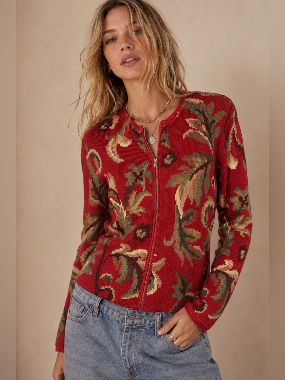 Talbots Petite Red Floral Ramie Cotton Zip Front Cardigan Sweater Size P